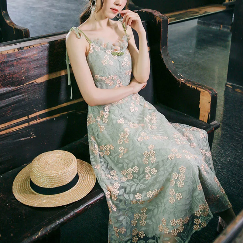 PERHAPS U зеленое Сетчатое кружевное платье с цветочным принтом на бретельках без