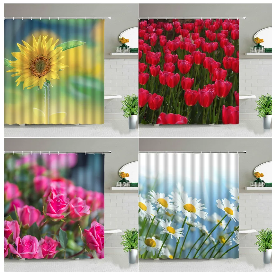 

Flowers Shower Curtains Tulip Sunflower Rose Floral Plant Bathroom Scenery Bathroom Decor Polyester Fabric Bathtub Curtain Set