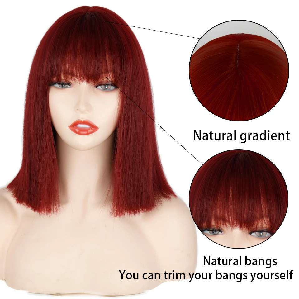 peruca sintética curta franja peruca feminina franja bob peruca vinho vermelho preto rosa laranja festa dia ombro comprimento