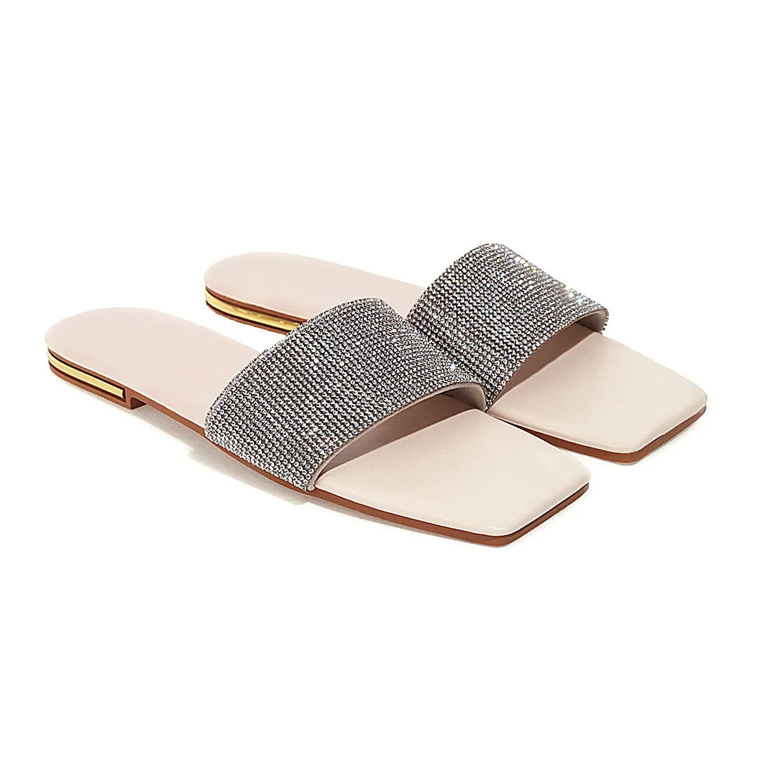 

Flat Shoes Female Big Size Glitter Slides Woman's Slippers Jelly 2021 Fabric Crystal Patent Leather Rubber Fretwork Scandals PU