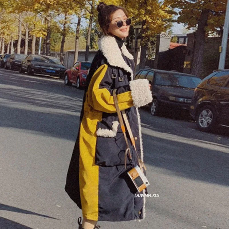 

Women's Winter Warm Coat Streetwear Long Lambswool Cotton Large Fur Collar Padded Lamb Wool Coat Loose Padded Jacket Woman