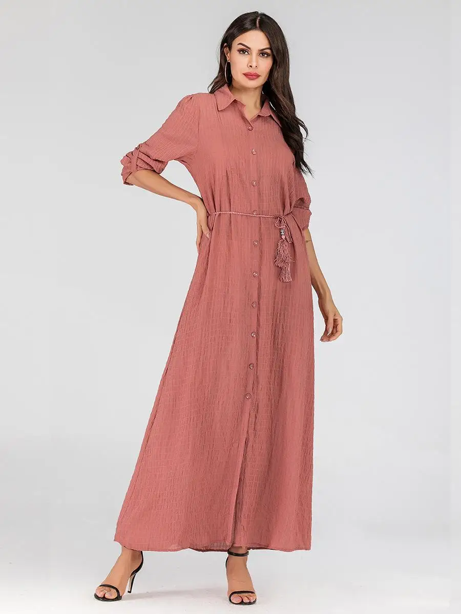 

2019 New Women Lapel Open Button Shirt Dress Casual Summer Long Maxi Evening Gown Long Sleeve Robe Dress Single-breasted Fashion