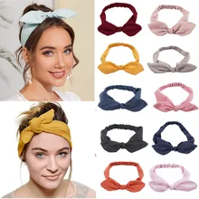 Bandeau oreilles de lapin en Polyester uni pour femmes, bandeau élastique à nœud, accessoires pour cheveux  (4)