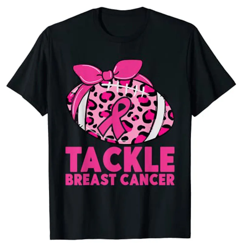 

Tackle Breast Cancer Awareness Pink Ribbon Leopard Football T-Shirt Woman Graphic T Shirts
