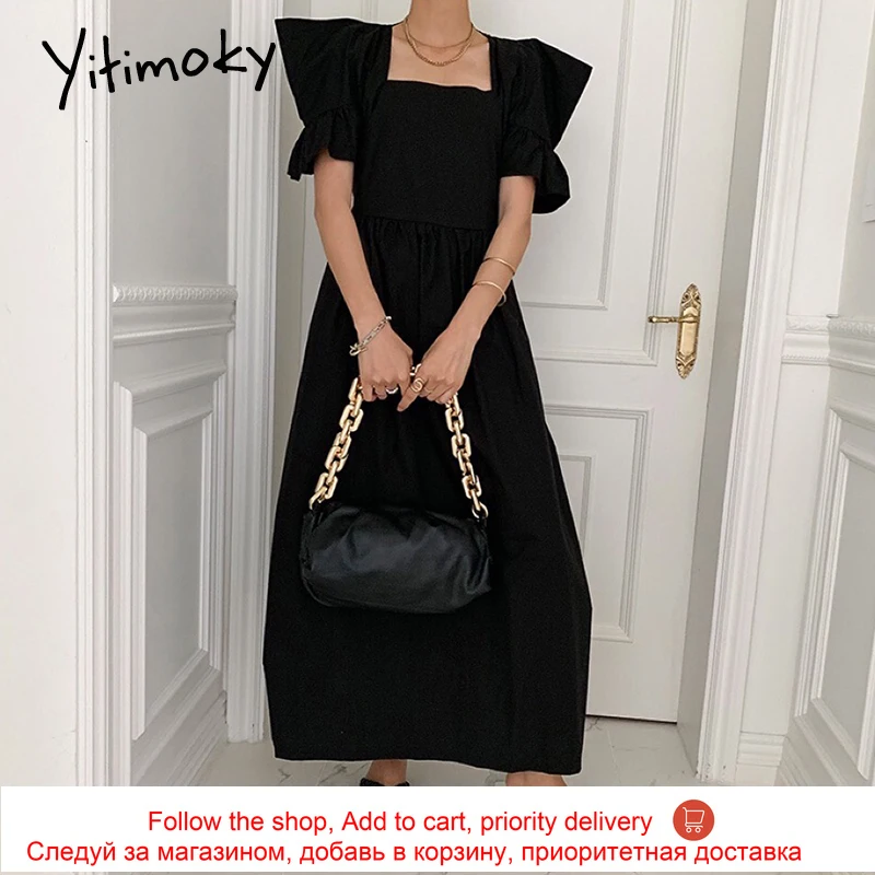 

Yitimoky Fashion Woman Dress Flounced Edge Spliced Flying Sleeve Square Collar 2021 Summer New High Waist Simple Dresses Lace Up