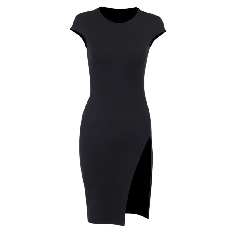 

Women's Flying Sleeves Irregular Split Skirt Ladies Sexy Round Neck High Fork Short Skirt Pure Color Slim Office Lina Group