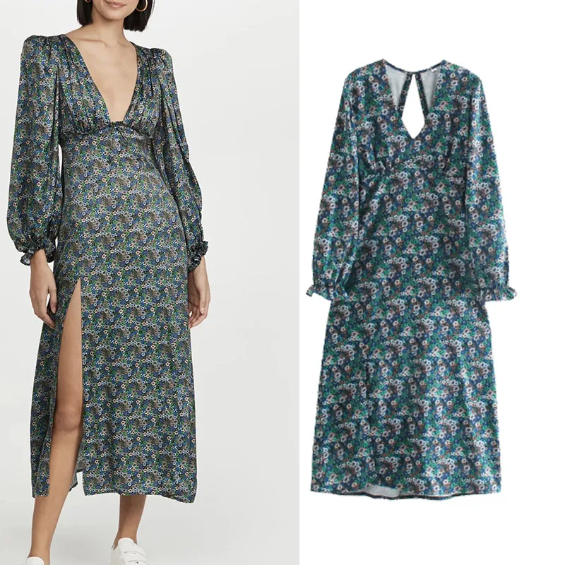 

Xypskh Za Women New Fashion Floral Print Slit Midi Dress Vintage V-neck Long Sleeve Backless Sexy Female Dresses Vestidos Mujer