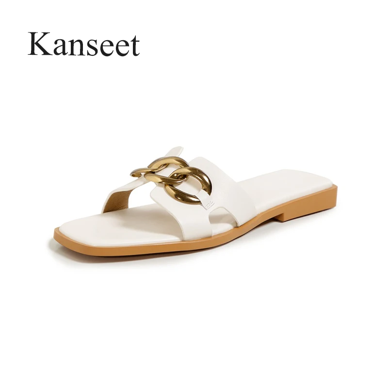 Kanseet Summer 2021 New Women's Slippers Metal Decoration Real Leather Female Shoes Comfort Basic Low Heels Slippers Woman