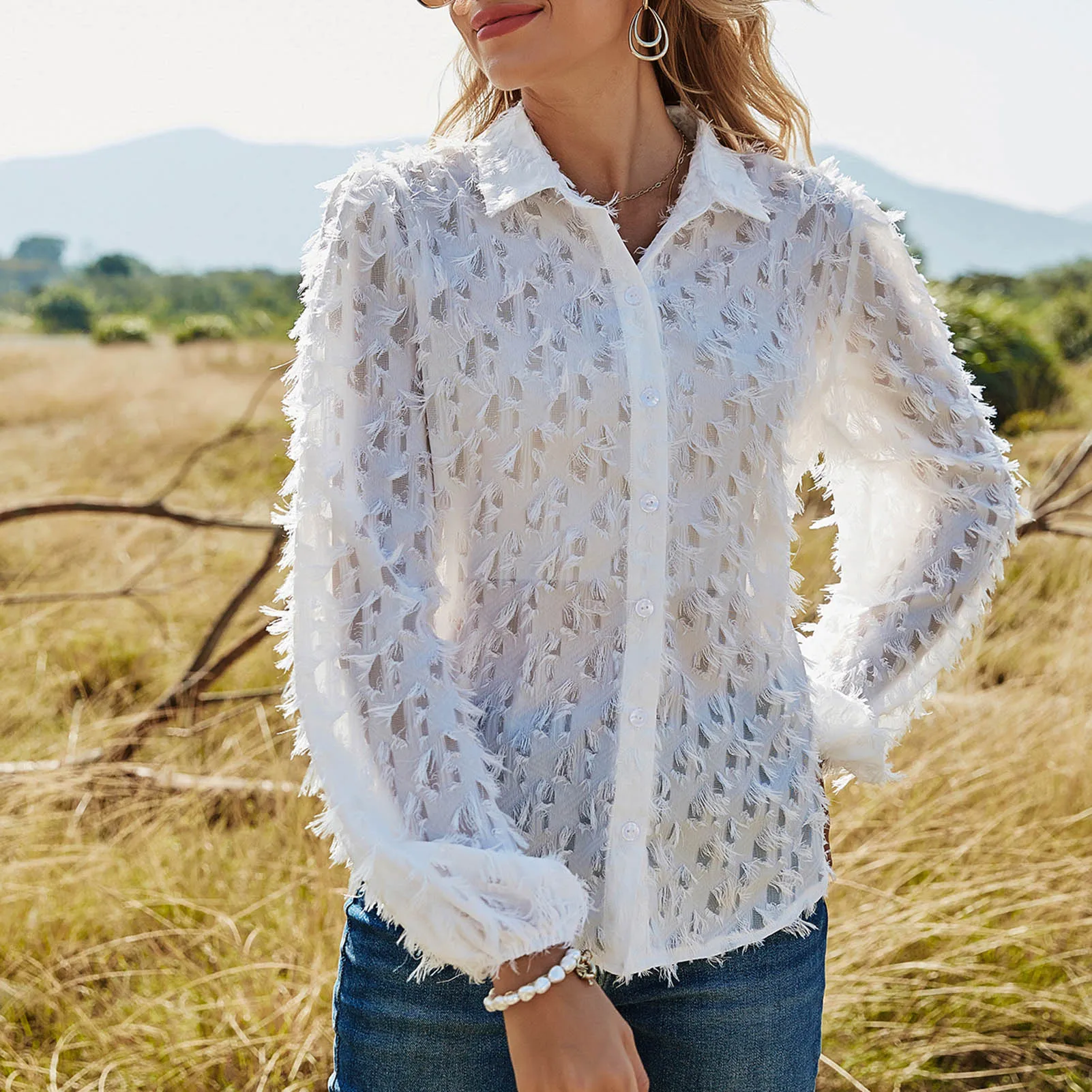 

Women Shirts White Tassel Design Fashion Elegant Turn Down Collar Lantern Sleeve Buttoned Front Casual Blouse ladies tops Spring