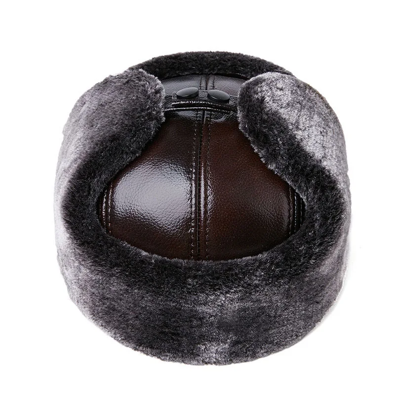 Fibonacci Men's Hat Winter Cowhide Leather Brand Quality Genuine Leather Fur Hat Pom Ear Protect Bomber Hats Russian Ushanka Cap