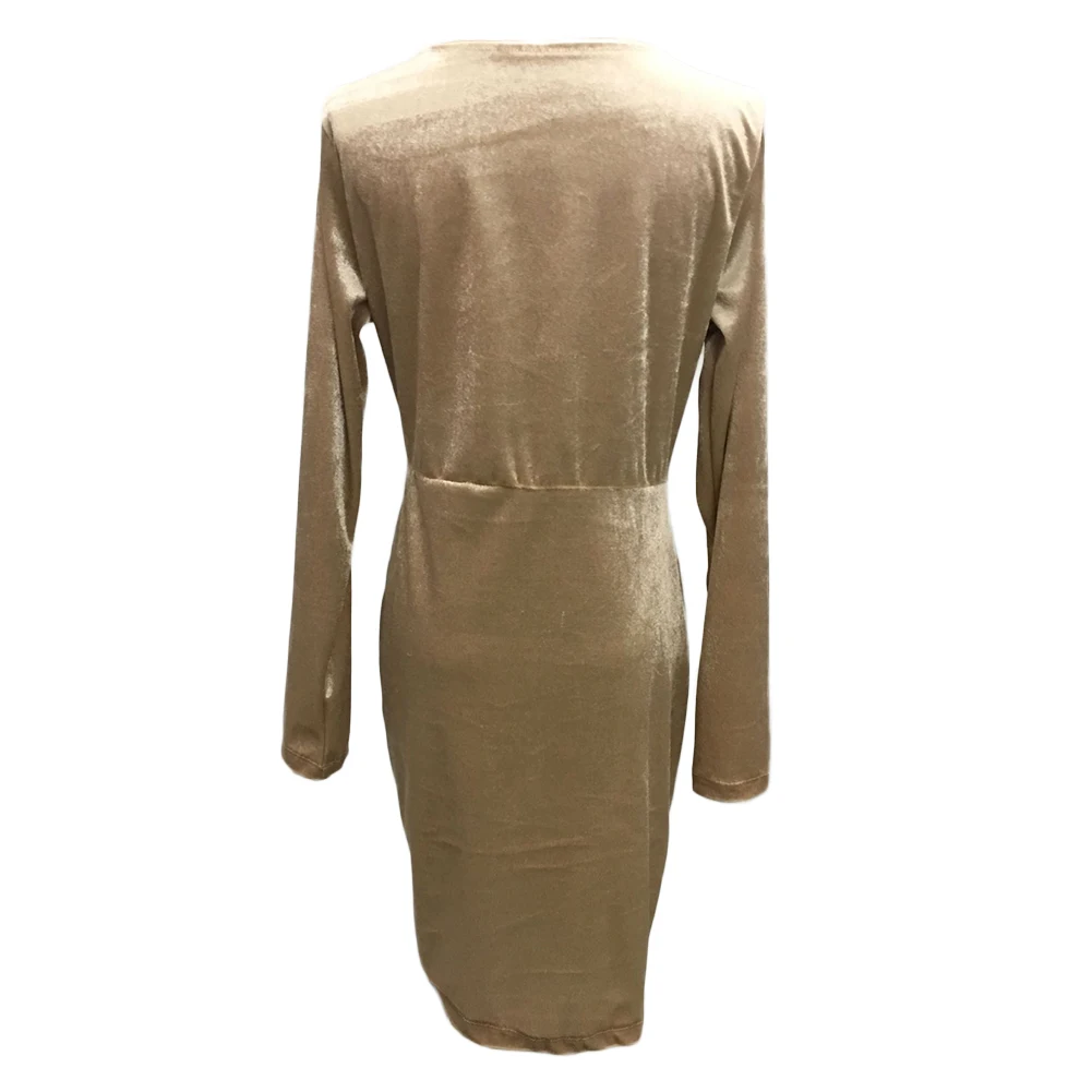

Women Sexy Solid Color Long Sleeve Velvet Ruched Irregular Hem Bodycon Dress