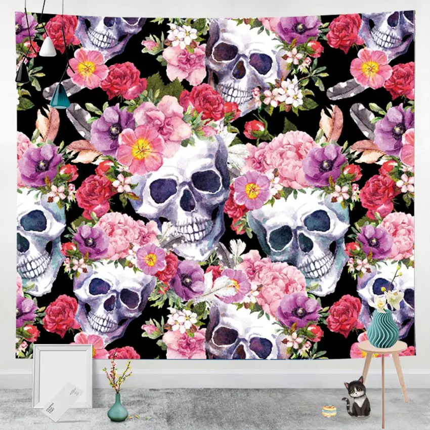 

Psychedelic Skull Tapestry Hippie Flower Wall Hanging Witchcraft Mandala Tapestries Wall Carpet Cloth Home Decor