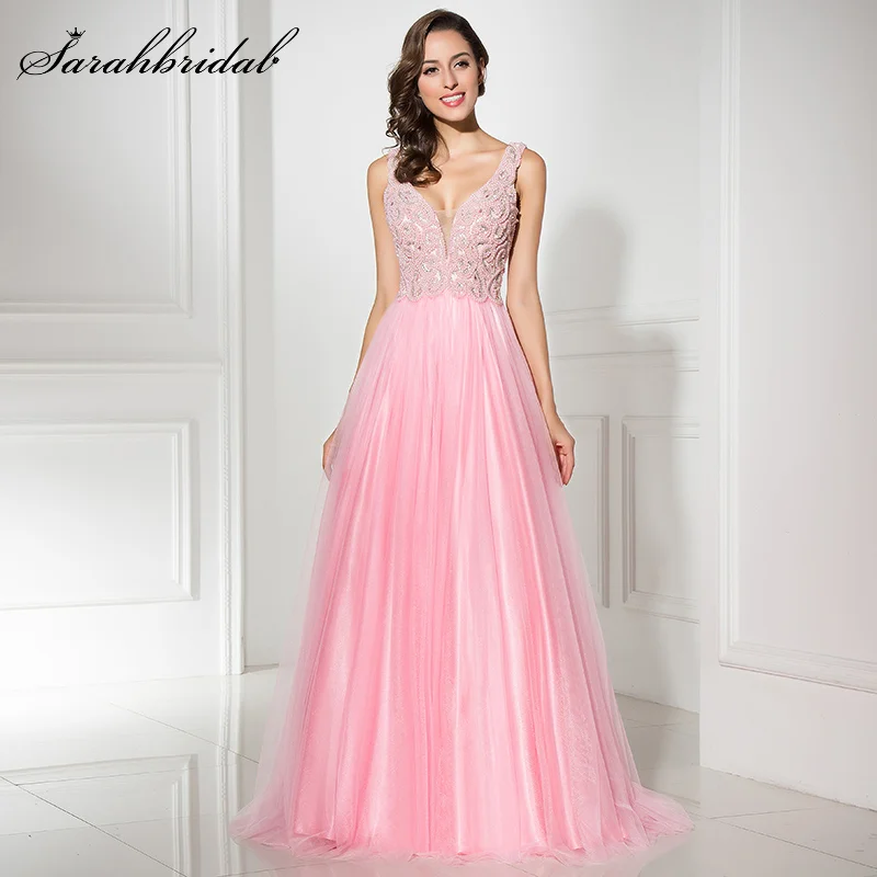 

In Stock Pink Evening Dresses V Neck Sleeveless Empire Party Gown Beads Crystal Pearls A Line Floor Length Robe De Soiree LX315