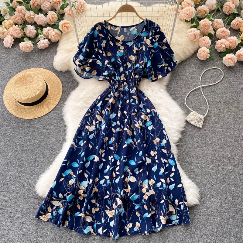

Summer Vintage Printed Mini Dress For Women Elegant Round Neck Short Sleeve High Waist A-Line Slim White/Blue Vestidos Female