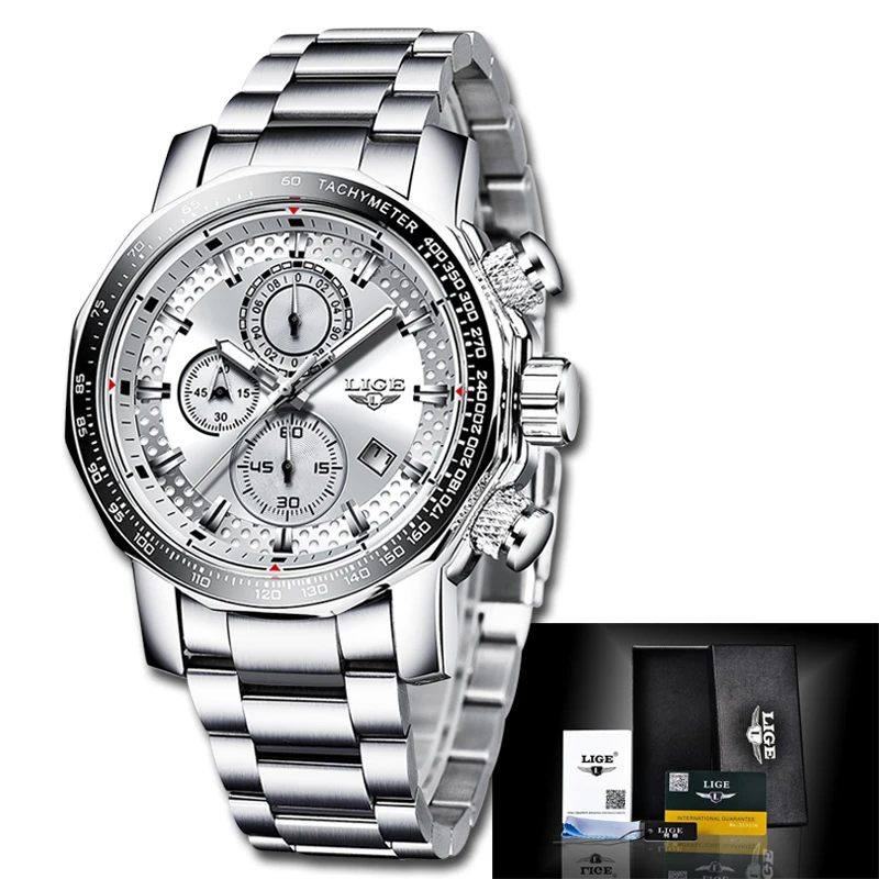 LIGE Модные Серебристые мужские часы Топ люксовый бренд из нержавеющей стали 30 м