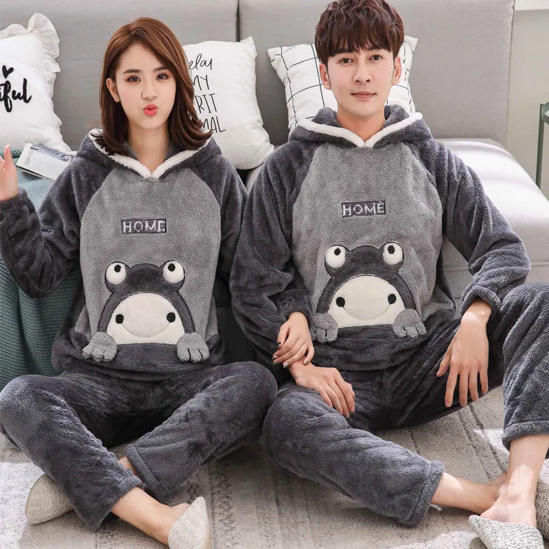Grey Frog Милый мультфильм унисекс для взрослых пара пижамы теплая зима женская пижама с капюшоном сгущает пижамы свободные пижамы с длинным рукавом Femme ну вечеринку домашняя одежда - Цвет: Grey Frog