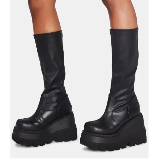 

35-43 Shoes Woman Plus Size Large Size Long Boots Boots Women's Luxury Designer Chunky Heel Platform Black
