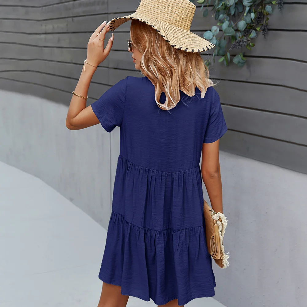 

Fashion Women's Dress New Casual Round Neck Single-breasted Solid Color Cotton Loose Short-sleeved Dress Knee-Length Donsignet