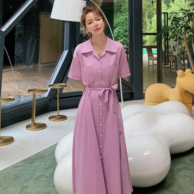 

2021 Summer Arrival Simple Purple Sweet Dress Women New Loose Plus Size French Temperament Retro Belt Long Dress Free Shipping
