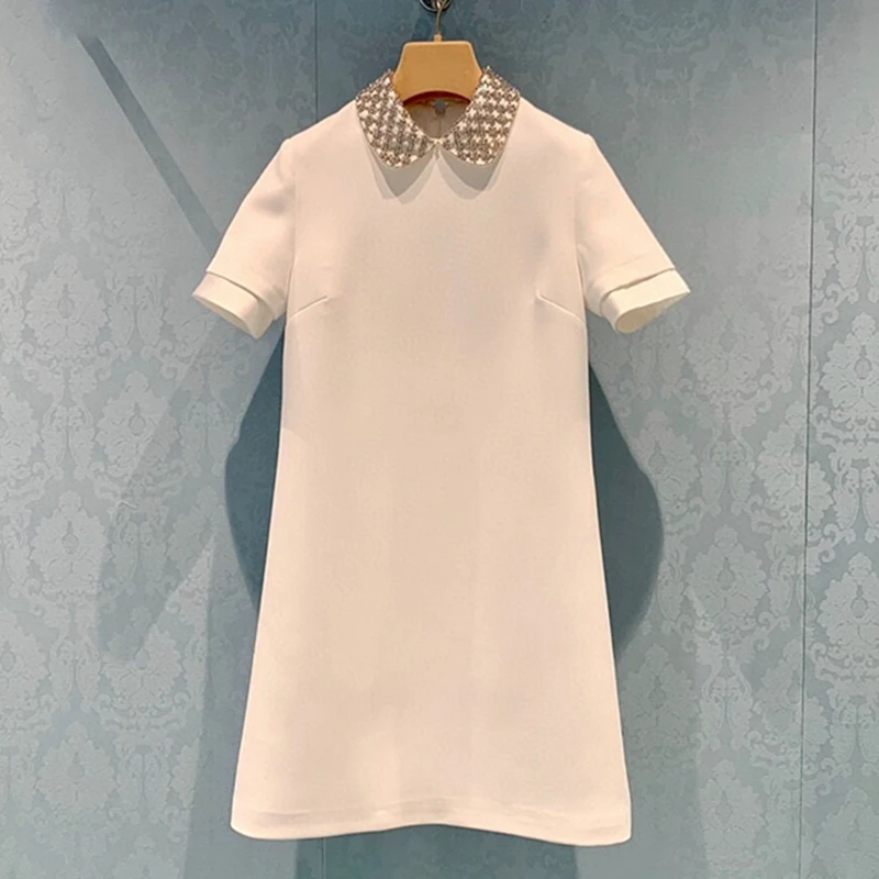 

High-End Customization Women White Short Sleeve A-Line Dress Handmade Luxry Diamond OfficeLady Temperament Elegant 2021 Summer