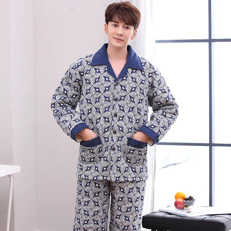 Geometric Patterns Men's Pajamas Set Winter Pure Cotton Thick Quilted Long Sleeve Trousers Set Casual Home Service Men Sleepwear