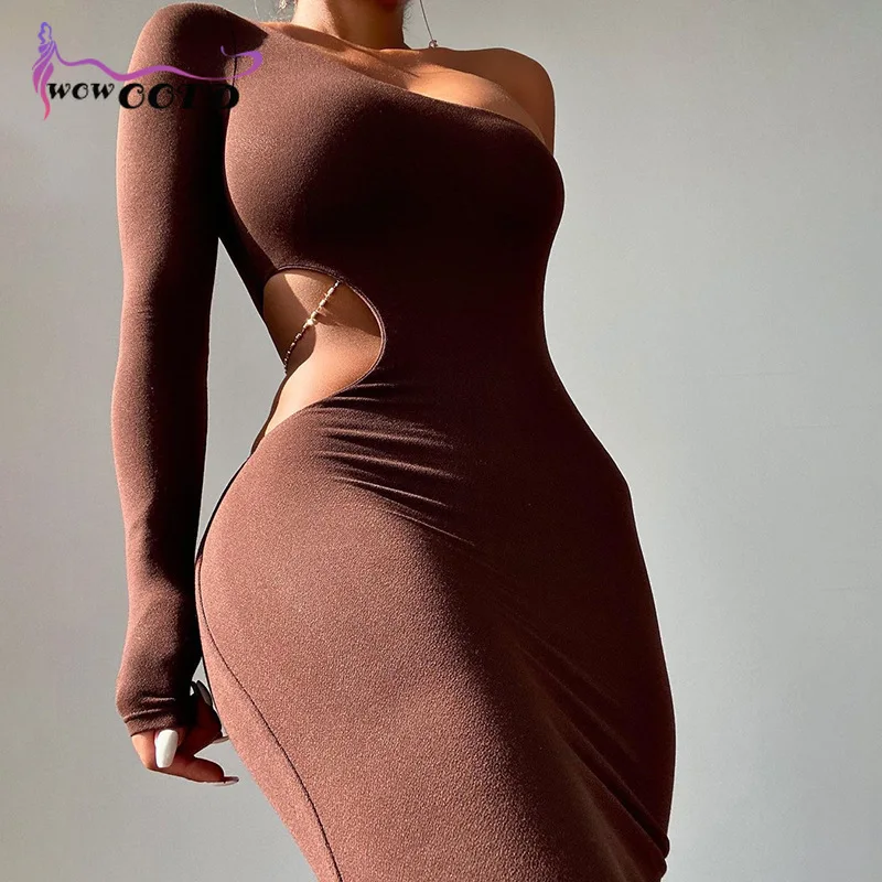 

WOWOOTD women's clothing autumn and winter 2021 new women's clothing split sexy hollow out hip oblique shoulder sexy dress
