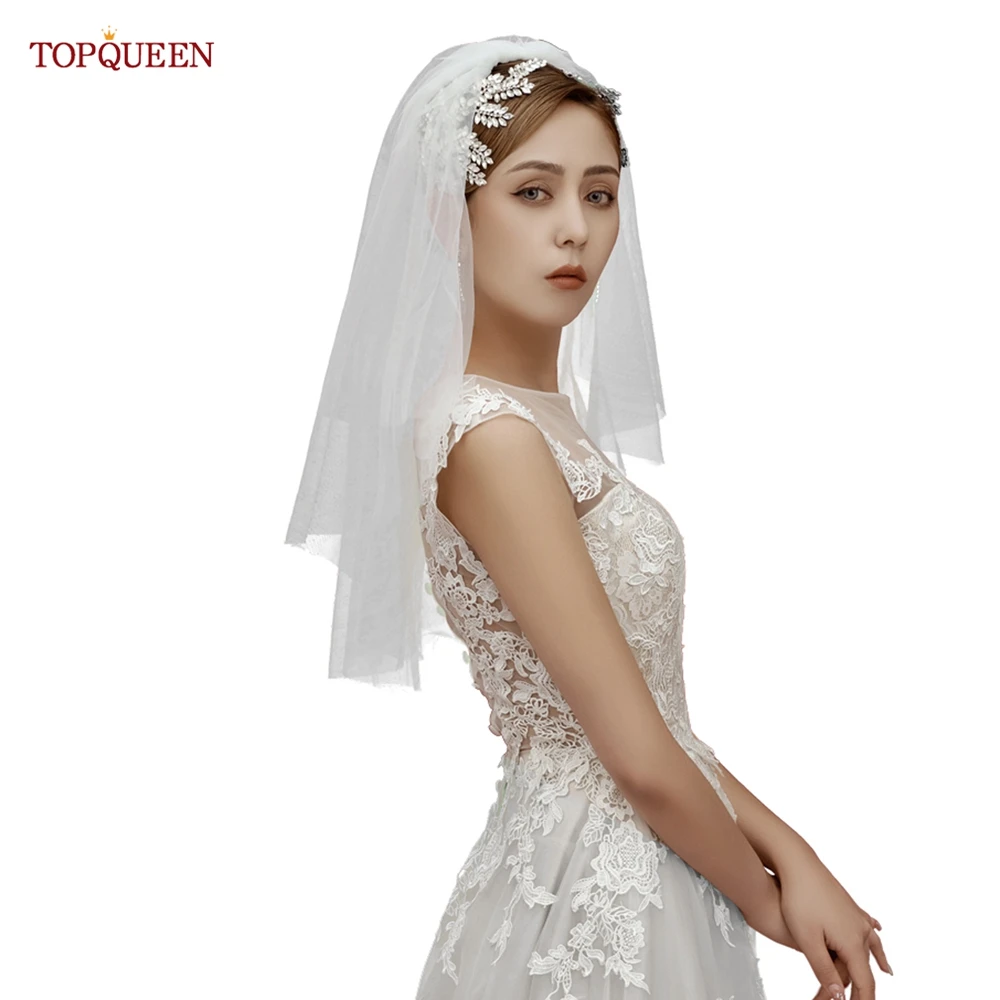 TOPQUEEN V28 свадебная фата короткая для невесты с Blinkon It двухслойная простая Фата