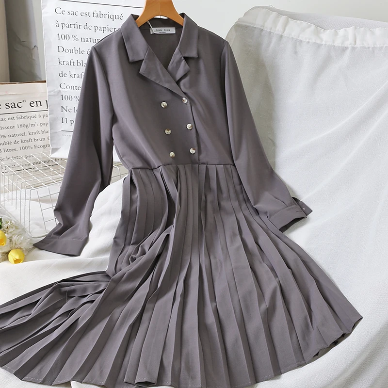 2019 new fashion women's Korea Vintage double-breasted loose versatile suit collar long-sleeved pleated dress 7324 | Женская одежда