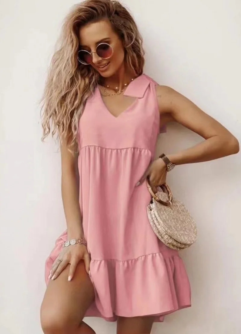 

Fashion Women's Dress New Summer Casual Hot Sale V-neck Pullover Solid Color Loose Pleated Sexy Sleeveless Dress Donsignet
