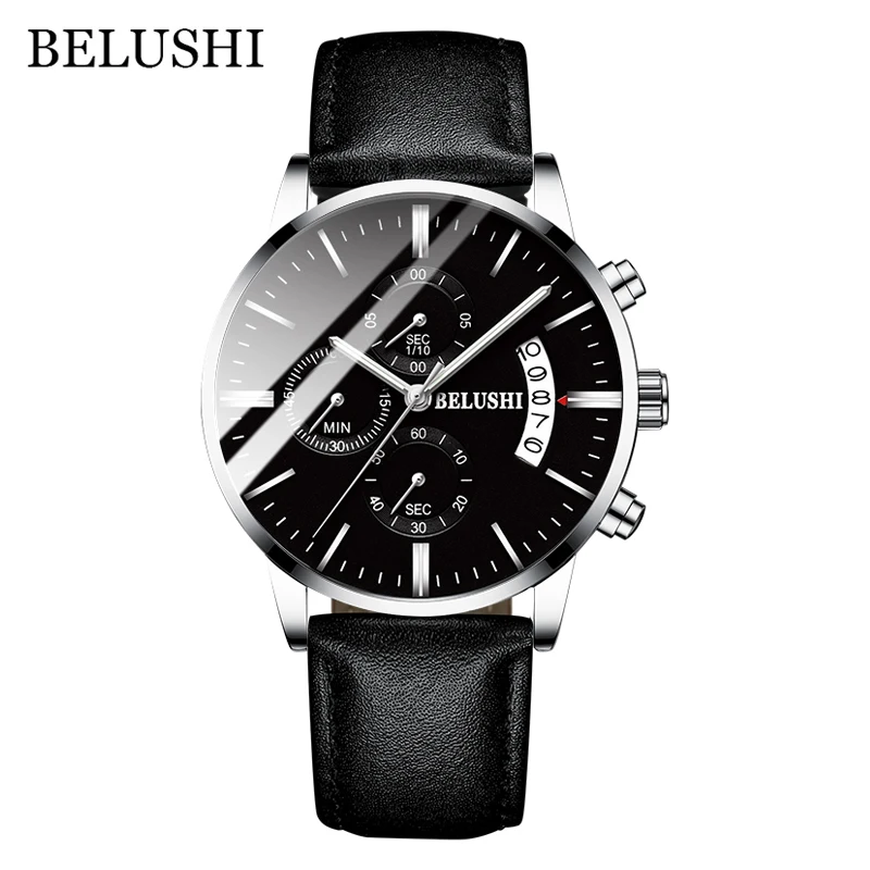 Leather Silver Black Мужские часы от роскошного бренда BELUSHI, высококачественные мужские деловые повседневные часы, мужские водонепроницаемые спортивные кварцевые наручные часы relogio masculino - Цвет: Leather Silver Black