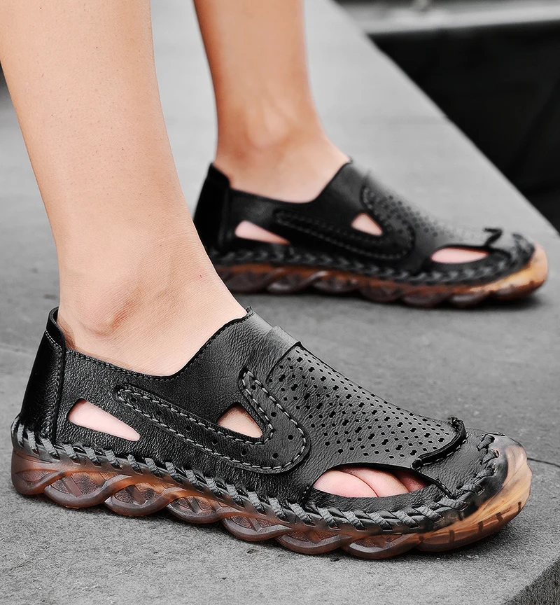 

Мужские кожаные сандалии из микрофибры, дышащая летняя обувь, пляжные сандалии с прозрачной подошвой, Прямая поставка