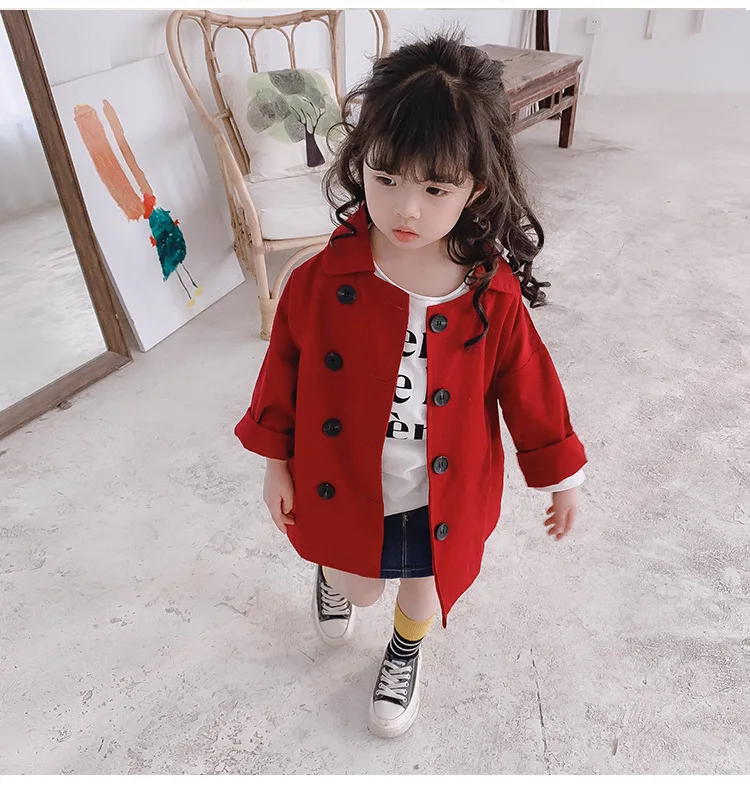 Модный хлопковый тренчкот цвета хаки/красного для маленьких девочек