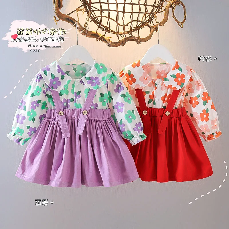 

Autumn new Korean girls' doll neck floral long sleeve shirt top baby children's foreign style strap skirt 1041 04