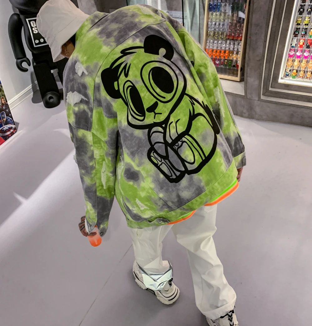 

Hip Hop Cartoon Print Denim Jacket Oversized Distressed Men Jean Jacket Tie Dye Camouflage Harajuku Streetwear Denim Outwear