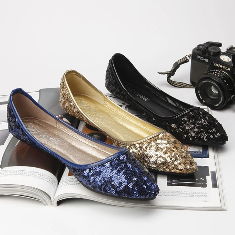 Балетки женские с блестками плоская подошва заостренный носок без застежки