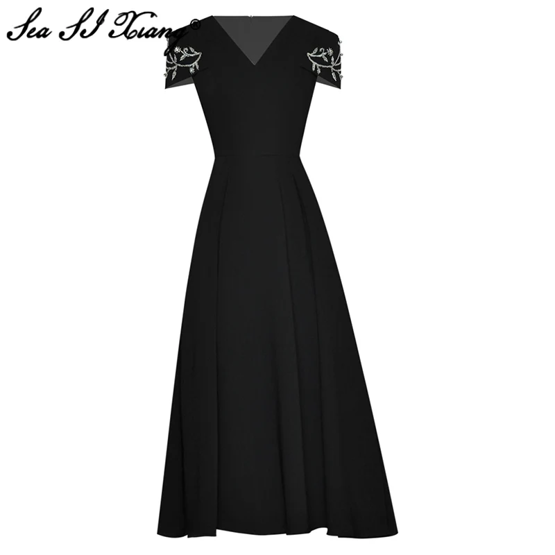 

Seasixiang Fashion Designer Summer Solid Dress Women V-neck Short Sleeve Beading High waist Midi Party Dresses