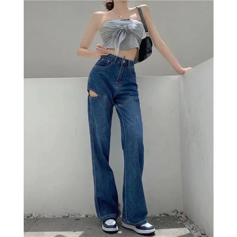 

Blue Ripped Jeans For Women Button High Waist Trousers Loose Denim Pants Casual Vintage Hole Full Length Jeans