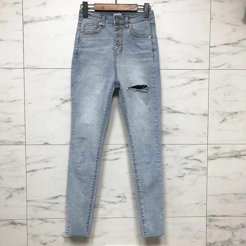 

Single-breasted Jeans Women Korean Fashon Light Blue Denim Jeans High Waist Summer 2021 Ripped Jeans for Women Casual 10392