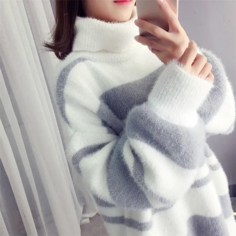 Свитер женский с высоким воротом в полоску длинным рукавом капюшоном имитацией