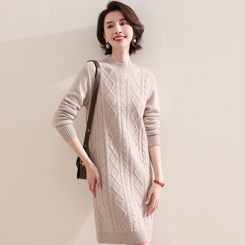 

Women Dresses 100% Goat Cashmere Knitted 2020 Winter Hot Sale Thick Warm Long To Knee Dress 4Colors Ladies Knitwears