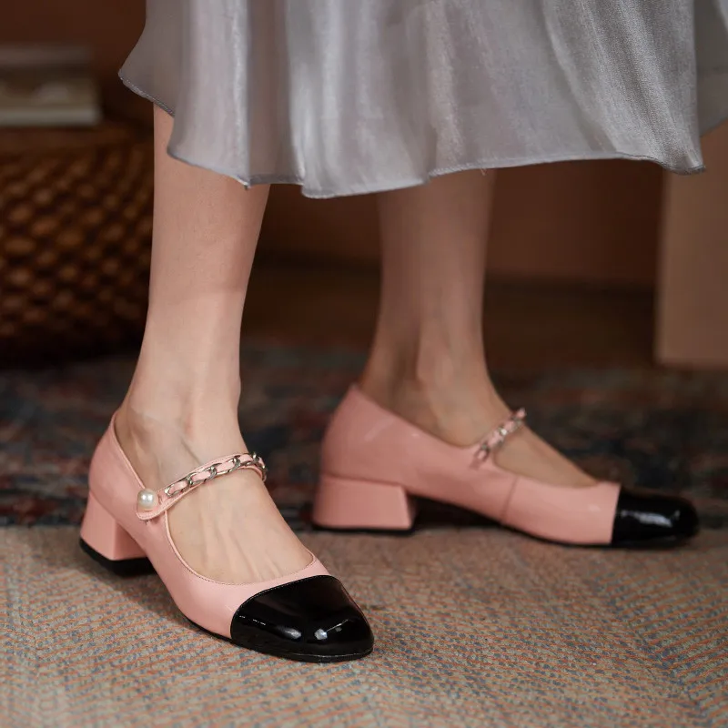 

Asumer Hot Sale Single Shoes Women Pumps Genuine Leather Mary Jane shoes Chain Round Toe Fashion Brand High Heels Ladies Shoes