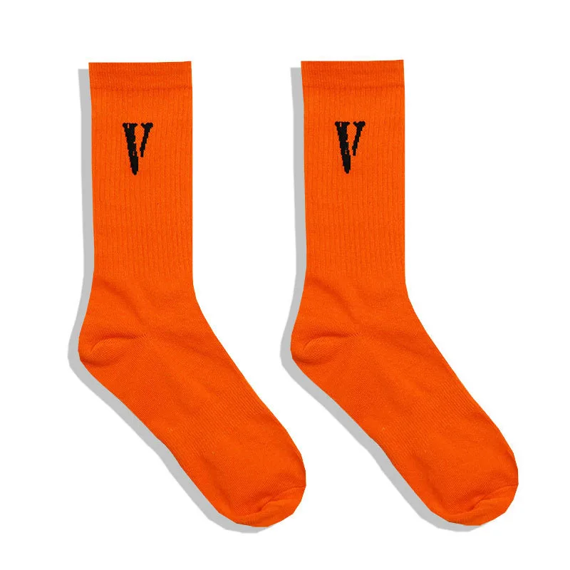 Orange V Черные, оранжевые носки, женские высокие уличные носки в стиле хип-хоп, модные носки без пятки с надписью, трендовые Спортивные Повседневные Удобные длинные носки - Цвет: Orange V