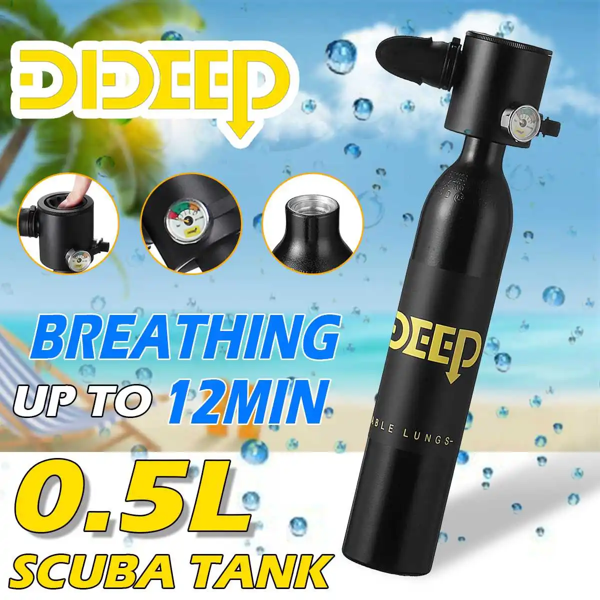 

DIDEEP 0.5L Mini Scuba Tank Diving Oxygen Tank Underwater Respirator Diving Cylinder Breathing Apparatus Snorkeling Device Black