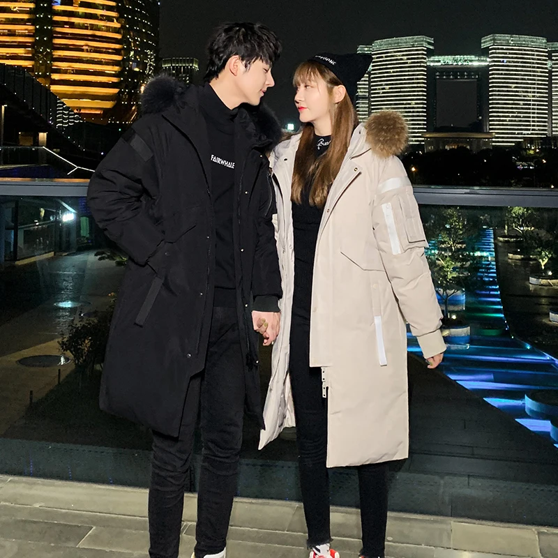 

Couple style hooded big fur collar long warm white duck down jacket for men and women