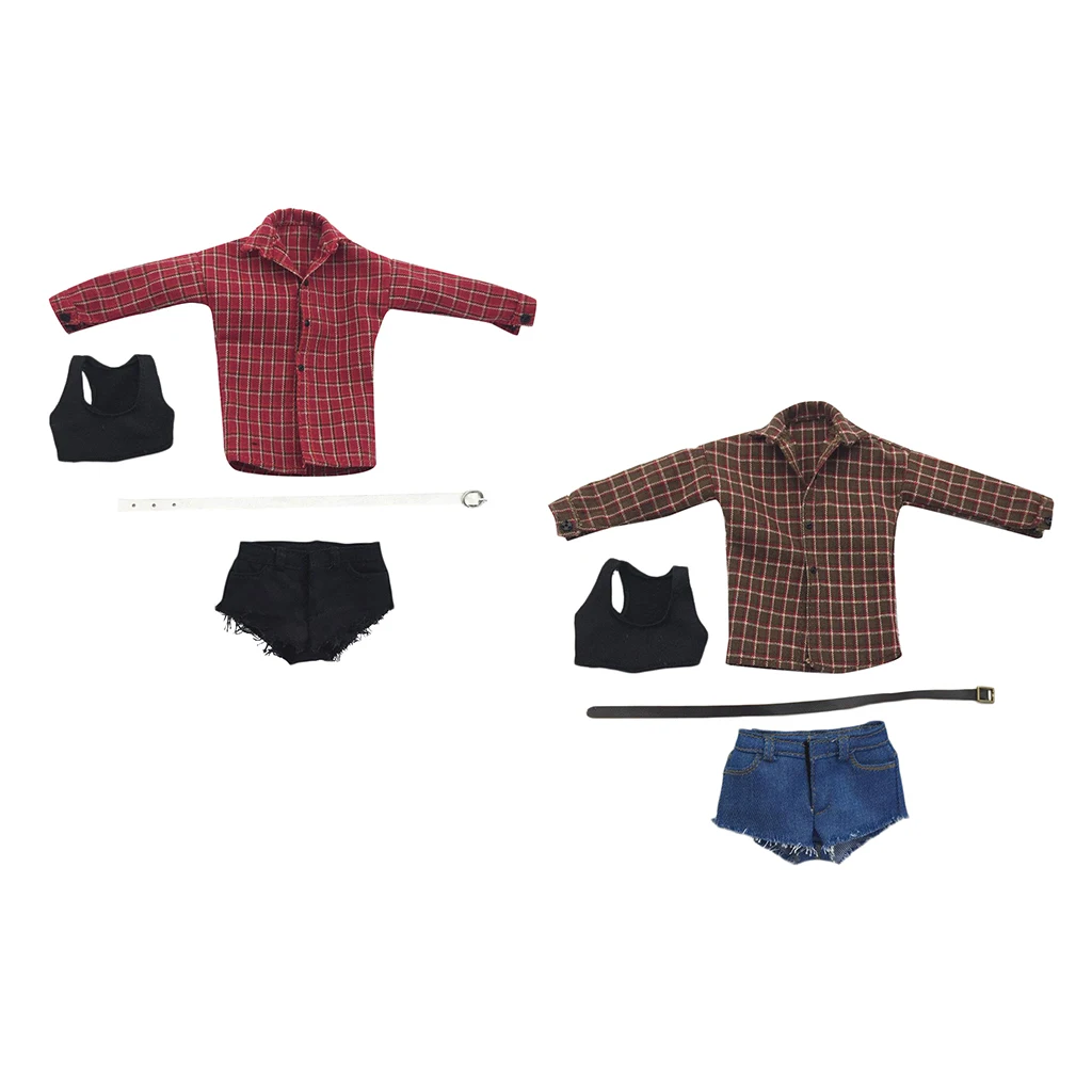 

1/6 Female Short Pants Trouser Plaid Shirts Belt Suit Set for 12'' HT Figure