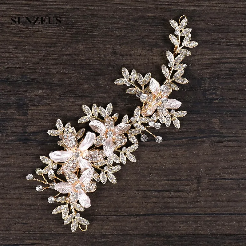 

Crystals Flowers Bridal Headpiece Sparkle Leaves Gold Head Chain Marriage Accessories Wedding Head Band SQ432