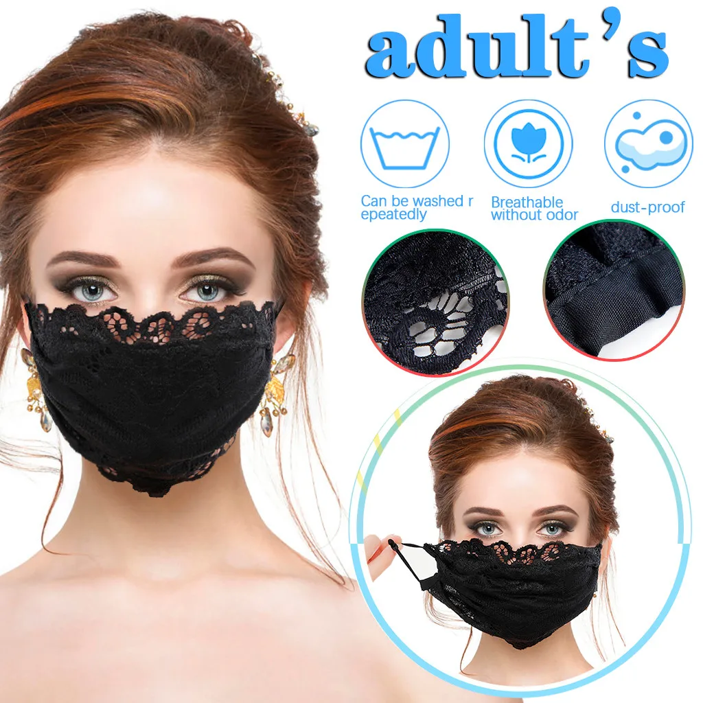 Ladies Black Flower Embroidery Lace Adjustable Mesh Thin Breathable Mask Reusable Washable beauty party mask | Дом и сад