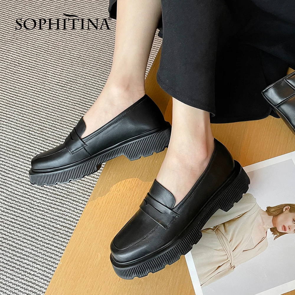 

SOPHITINA Leisure Women's Flats Genuine Leather Thick Bottom Non-Slip Round Toe Shoes Office Lady Commute Shallow Shoes DO750