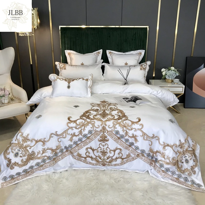 

Роскошный комплект постельного белья из шелка и хлопка с золотой вышивкой в стиле 60-х годов, двойной комплект пододеяльника, постельное бел...