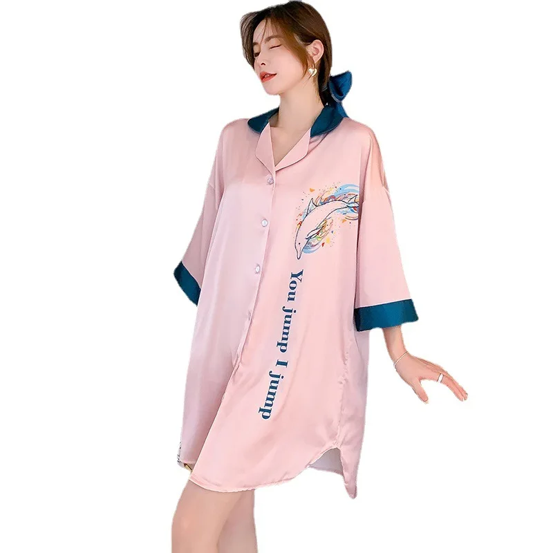 

Three-quarter sleeve nightdress summer ladies ice silk sexy boyfriend style shirt skirt pajamas casual home service thin